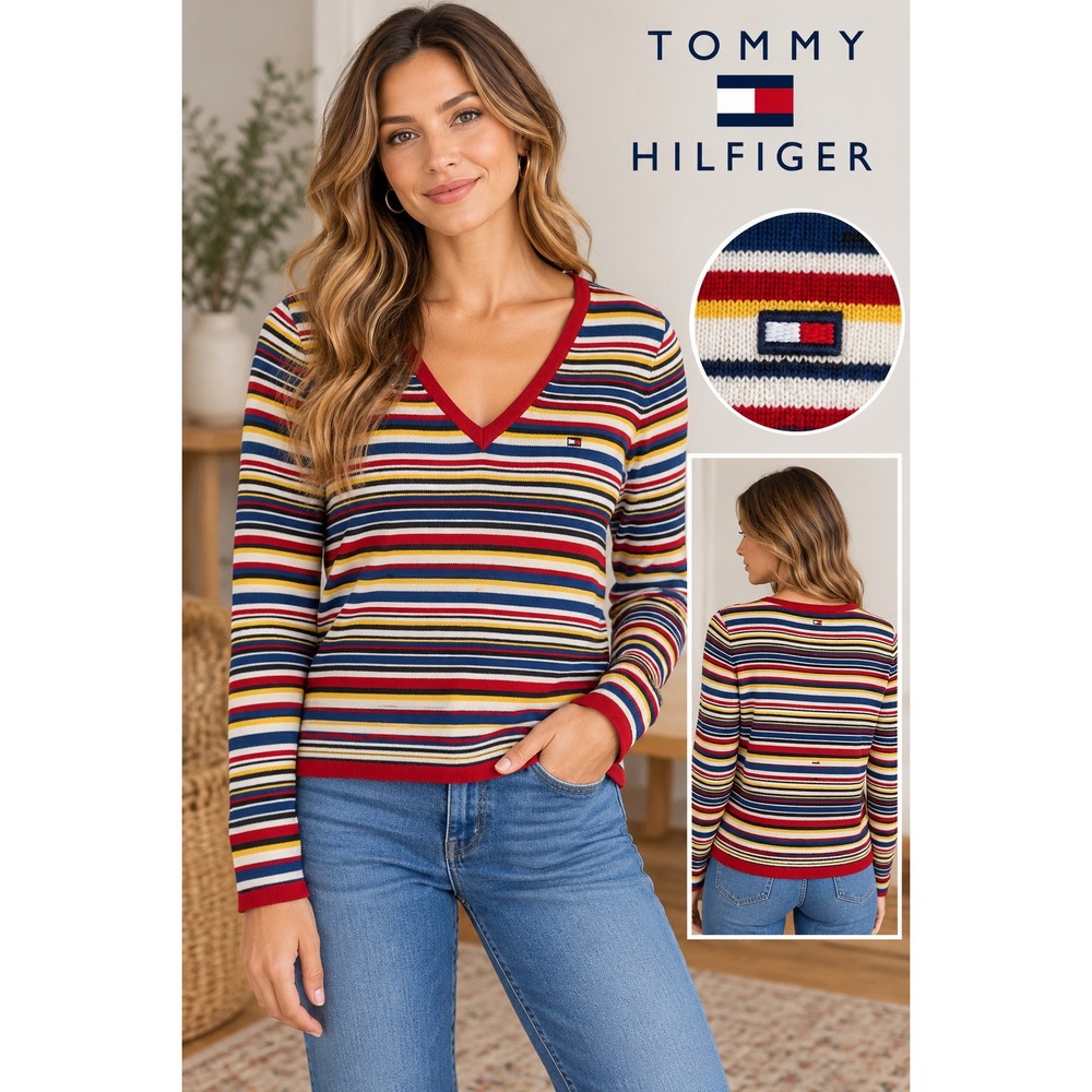 Tommy Jeans Womens XL Striped V-Neck Cotton Knit Sweater Long Sleeve Preppy